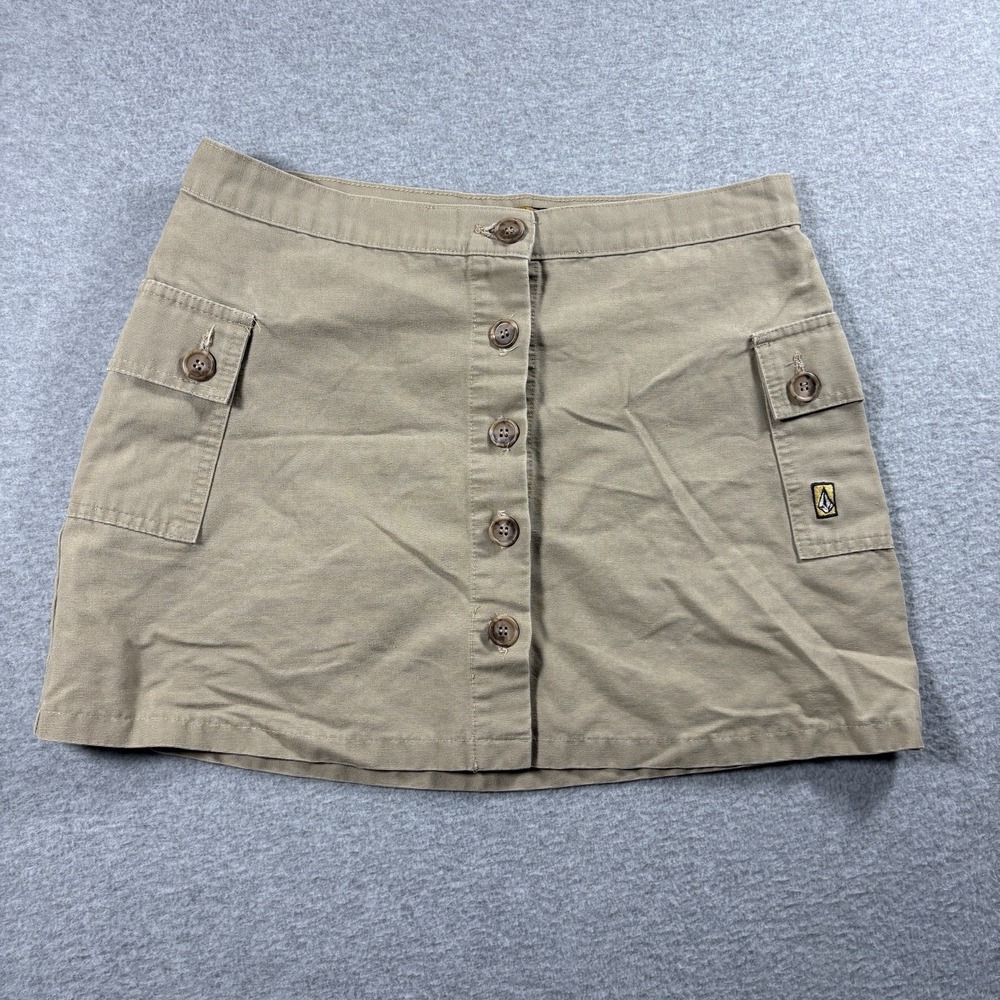 VTG Y2K Volcom Cargo Mini Skirt USA Made Button Front Tan Khaki Womens 11 Skate